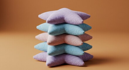 柔らかな淡いパステルカラーの星形クッションがふんわりと丁寧に積み重ねられ暖かく優しい光がそっと降り注ぐ見る人の心を包み込むような穏やかで心地よい夢の世界へと誘う安らぎに満ちた愛らしい情景が広がる. AI Generated