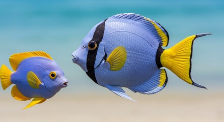 鮮やかな青い体と黄色いヒレを持つ大小二匹の美しい熱帯魚が明るい光が差し込む透き通った浅瀬の海中をまるで会話しているかのように寄り添いながら悠々と泳ぐ幻想的な水中風景. AI Generated