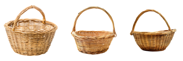 Vintage woven wicker baskets with handles in varying shapes styles