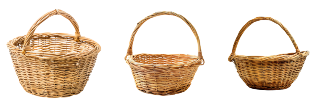Vintage woven wicker baskets with handles in varying shapes styles
