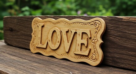 素朴な木製の浮き彫りLOVEサインが柔らかな自然光に包まれ屋外で温かく居心地の良いヴィンテージの雰囲気を醸し出しています. AI Generated
