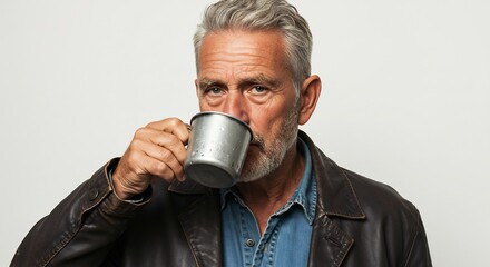 柔らかな光に包まれた渋い白髪の男性が革ジャン姿で金属マグを傾け静かに喉を潤す. AI Generated