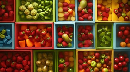 Colorful Fresh Fruits and Vegetables Displayed in Market Crates