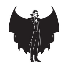 Silhouette of a vampire with cape spread, white background