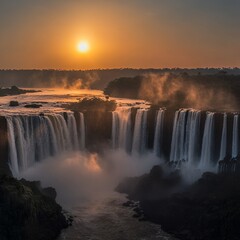 Majestic waterfalls cascade down lush cliffs at sunrise mist rising into golden light