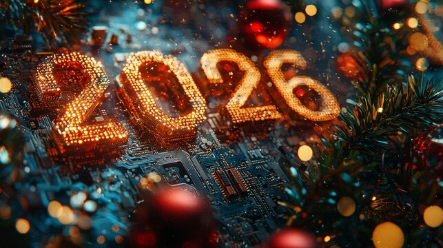 Futuristic New Year 2026: Golden Numbers on Circuit Board with Christmas Ornaments and Bokeh Lights, Technology Celebration
