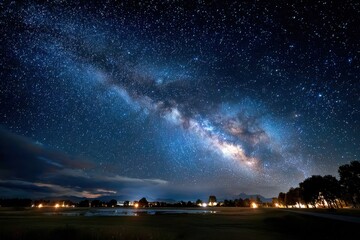 Starry night sky over a dimly lit golf course