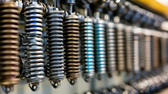 Detailed view of industrial steel springs aligned in a row