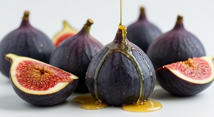 瑞々しい完熟いちじくと甘いはちみつが絡み合う美しい瞬間 柔らかな光が彩る食欲そそる果実のクローズアップ. AI Generated