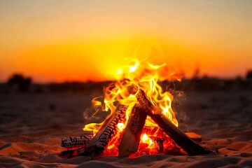 Campfire on sandy beach with vibrant sunset sky and glowing embers ocean