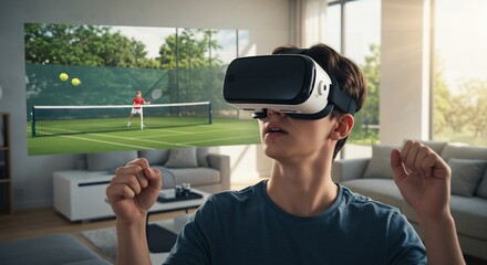 明るいリビングでVRヘッドセットを装着した若者がリアルなバーチャルテニスゲームに深く没入する躍動的なシーン. AI Generated