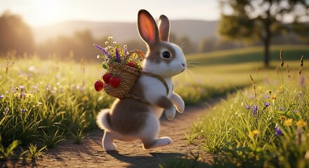 柔らかな陽光が降り注ぐ穏やかな草原の小道を可愛い子うさぎが花と木の実いっぱいの籠を背負い楽しげに散歩. AI Generated
