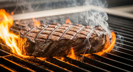 Grilled Steak on Fiery Grill | Delicious Beef Steak Cooking over Open Flames for Restaurant Menu, Recipe Blogs, and BBQ Marketing