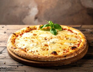 Delicious Margherita Pizza with Fresh Basil Topping on Rustic Wooden Board in Warm Lighting