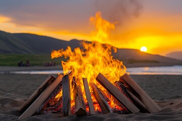 Vibrant bonfire on a sandy beach at sunset with distant figures and rolling hills