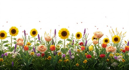 ひまわりと野花がまばゆい日差しを浴びて鮮やかに咲き誇る白背景の夏の風景色彩豊かで心躍る自然の息吹. AI Generated
