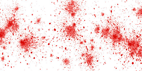 Abstract red splatter paint on white background with small dark dots and texture