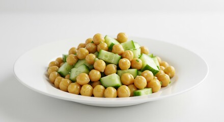 明るいスタジオ光で輝く白い皿のひよこ豆きゅうりサラダ新鮮で食欲をそそる一品. AI Generated
