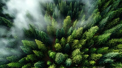 Aerial drone view of dense evergreen forest with morning mist - Powered by Adobe