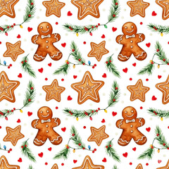 Seamless christmas watercolor pattern with gingerbread men and star cookies, pine branches with lights, and small red hearts on a white background. Cheerful holiday design for festive packaging or tex