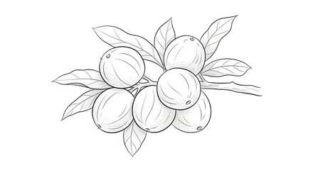 Illustration of a branch with leaves and fruits, isolated on white background. Artistic sketch of peaches on branch with leaves