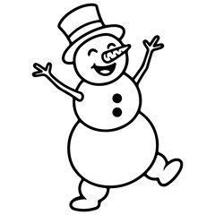 Cheerful Snowman Illustration with Top Hat and Carrot Nose Celebrating Winter and Holiday Season in Simple Black and White Outline Style Perfect for Coloring Pages