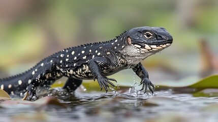 Obraz premium Lizard running across water with long legs and dark scales