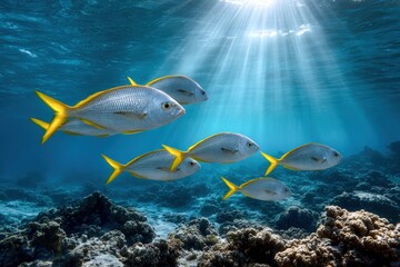 Obraz premium Vibrant tropical fish swimming gracefully over coral reefs during sunny day