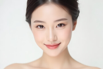 Female Asian Model with Short Hair - Young Beautiful Woman with Hair Bun - Studio Portrait of Asian Beauty for Fashion, Cosmetic, Skincare - Posing on White Background - Smooth Tied Hair