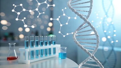 Advanced genetic research and biotechnology concept showing a DNA double helix strand next to laboratory test tubes and chemical compounds