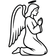 Praying Angel on Her Knees with Wings and Halo Line Art Religious Spiritual Illustration Design for Posters Cards Invitations and Web Content