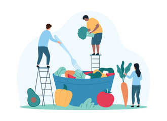 Making healthy vegetable salad in bowl, cooking healthy diet menu. Tiny people holding chefs fork, broccoli and carrot to cook dish of vegetarian recipe and eat together cartoon vector illustration