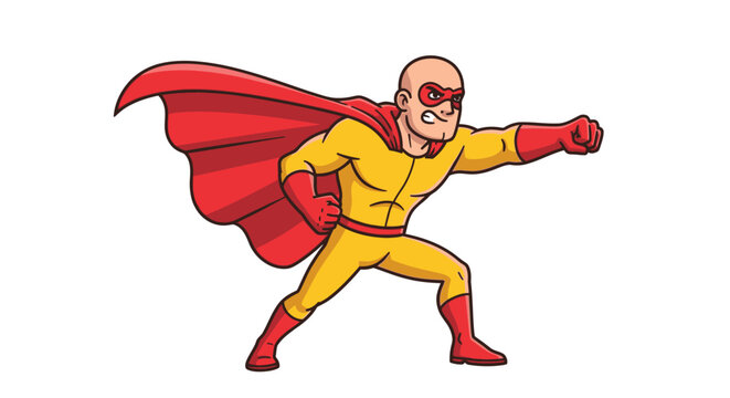 Cartoon superhero ready for action with determined expression and flowing red cape