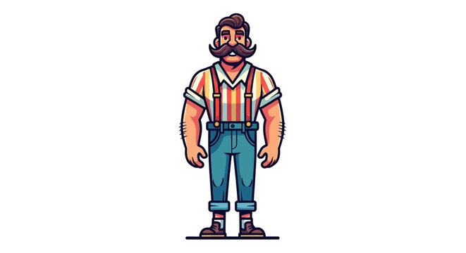 Cartoon character with a prominent mustache and retro fashion sense standing at ease