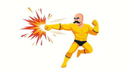 Mustachioed superhero unleashing a powerful punch with vibrant energy explosion background