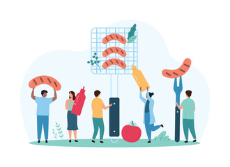 BBQ picnic party, cooking healthy hot barbecue food for dinner. Tiny people holding grill grate with dish, ketchup and mustard sauces in bottles, cooked sausage on fork cartoon vector illustration