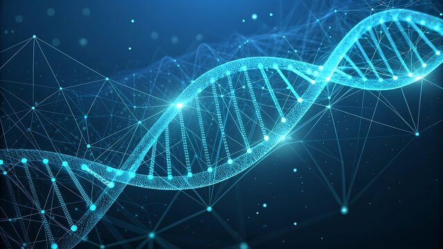 Digital depiction of a DNA strand with interconnected dots, symbolizing genetics and technology