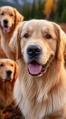 Happy group of golden retrievers enjoying a sunny day outdoors