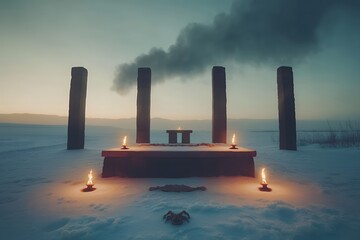 Stone pillars and burning candles on snowy ground before a smoky sky at dusk
