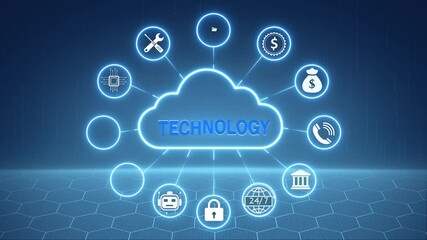 Neon technology system network animation. Digital data connection interface. Futuristic technology communication system. Ai and cloud computing concept.Secure information and 4k animated motion video - Powered by Adobe