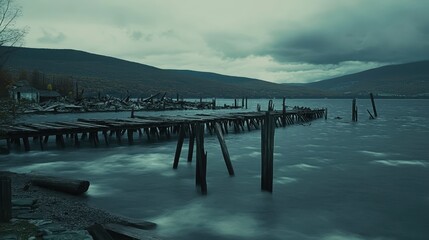 Old splintered wooden pier jutting out into a turbulent lake