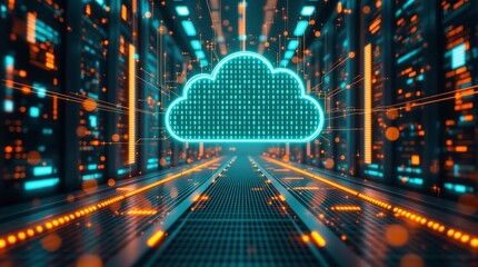 Cloud computing technology concept digital data storage server room network security and data analysis