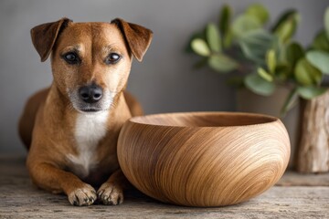 Dog happily guarding its wooden bowl in a cozy indoor setting