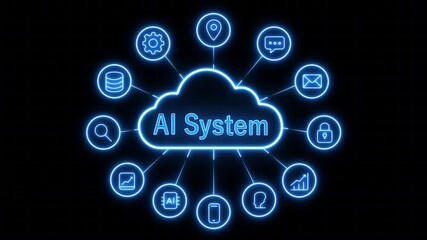 Neon Ai system network animation. Digital data connection interface. Futuristic technology communication system. Ai and cloud computing concept.Secure information and 4k animated motion video - Powered by Adobe