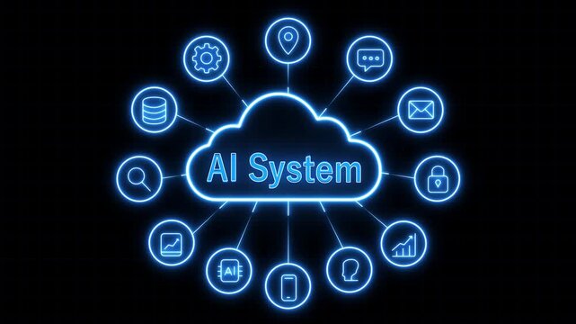Neon Ai system network animation. Digital data connection interface. Futuristic technology communication system. Ai and cloud computing concept.Secure information and 4k animated motion video - Powered by Adobe