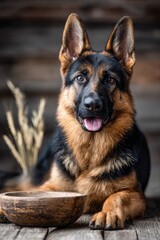 Dog joyfully guarding its food bowl in a cozy wooden setting