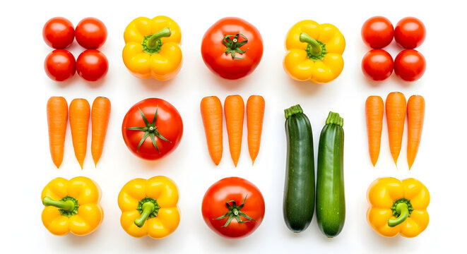 Overhead view of fresh vegetables isolated on white background in rows