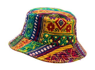 Colorful patchwork bucket hat with tie dye and floral patterns isolated on transparent background