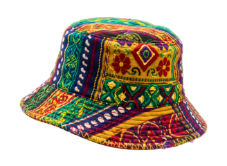 Colorful patchwork bucket hat with tie dye and floral patterns isolated on transparent background