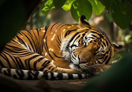 Majestic bengal tiger rests peacefully curled up in lush green jungle foliage dappled with sunlight